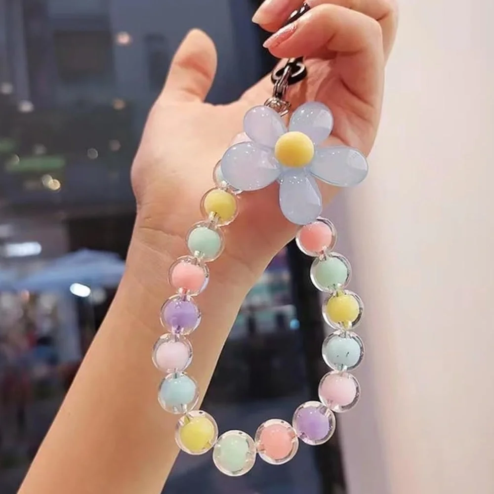 Colorful Pastel Beaded Flower Wrist Phone Lanyard Bracelet Keychain NWT